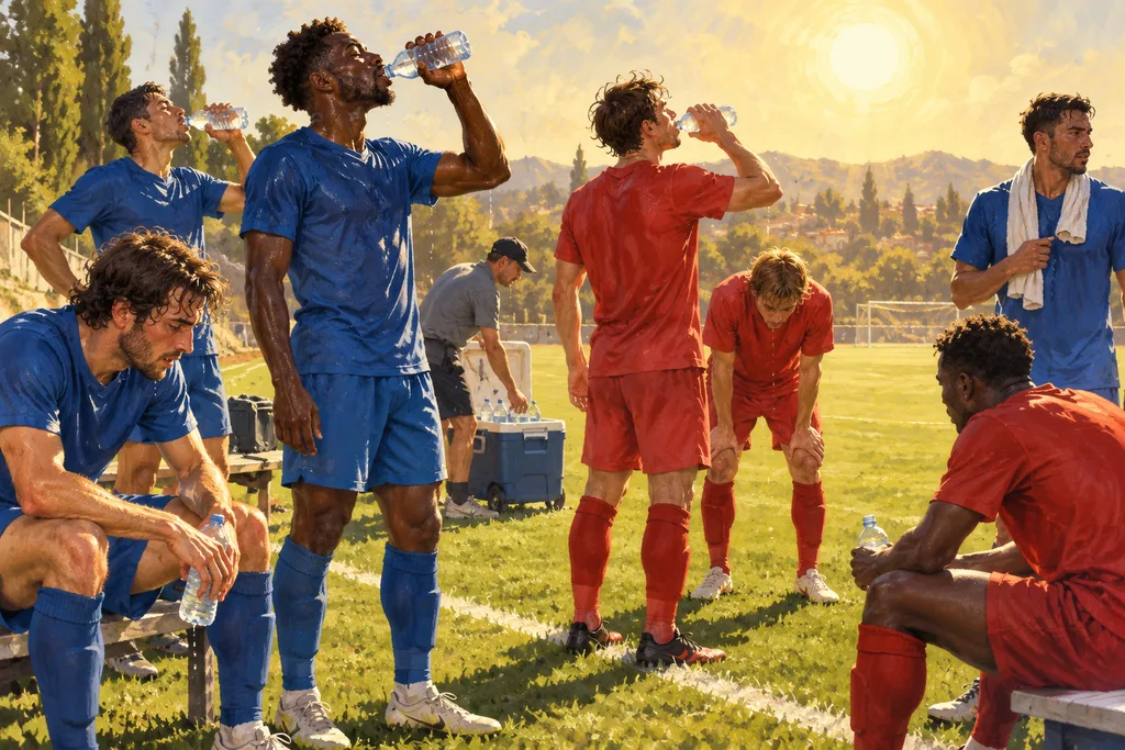 Footballeurs buvant à une pause de rafraîchissement lors d'un match par temps très chaud.