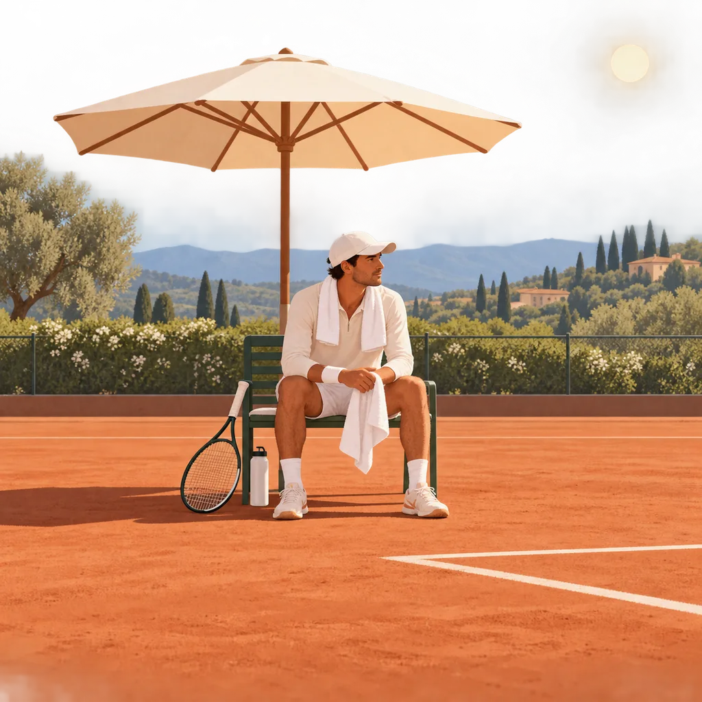 Un joueur de tennis coiffé d'une casquette fait une pause à l'ombre d'un parasol au bord d'un court en terre battue, sous un soleil haut.