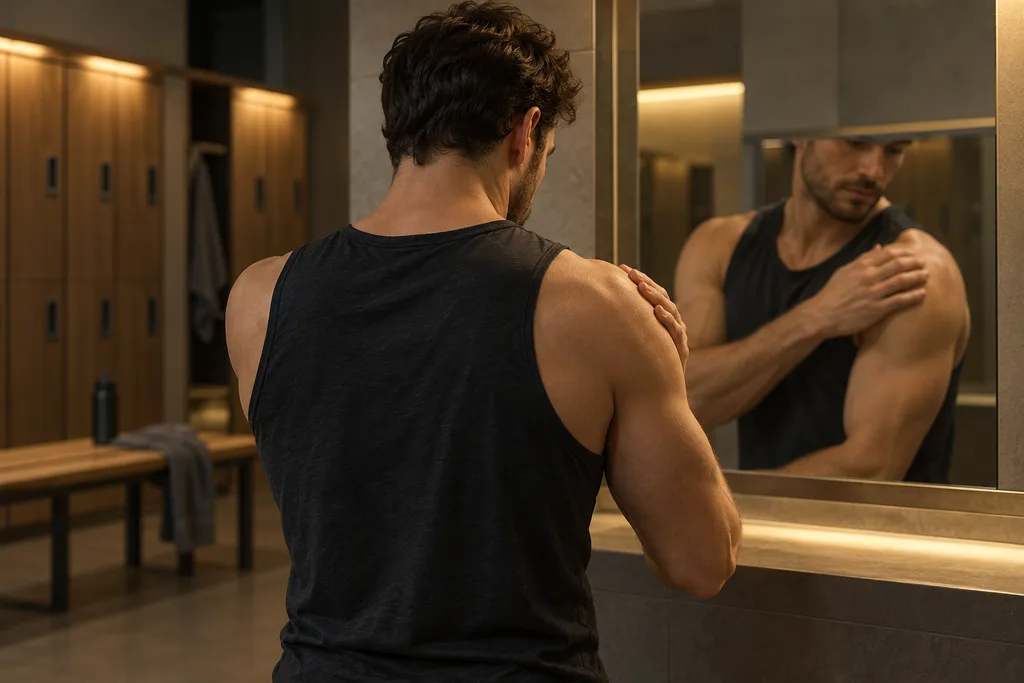 Joueur examinant un grain de beauté sur son épaule devant un miroir de vestiaire.